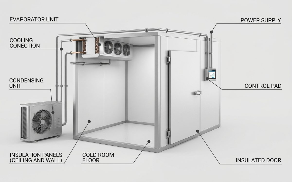 Cold room diagram showing evaporator, condensing unit, insulated panels and door