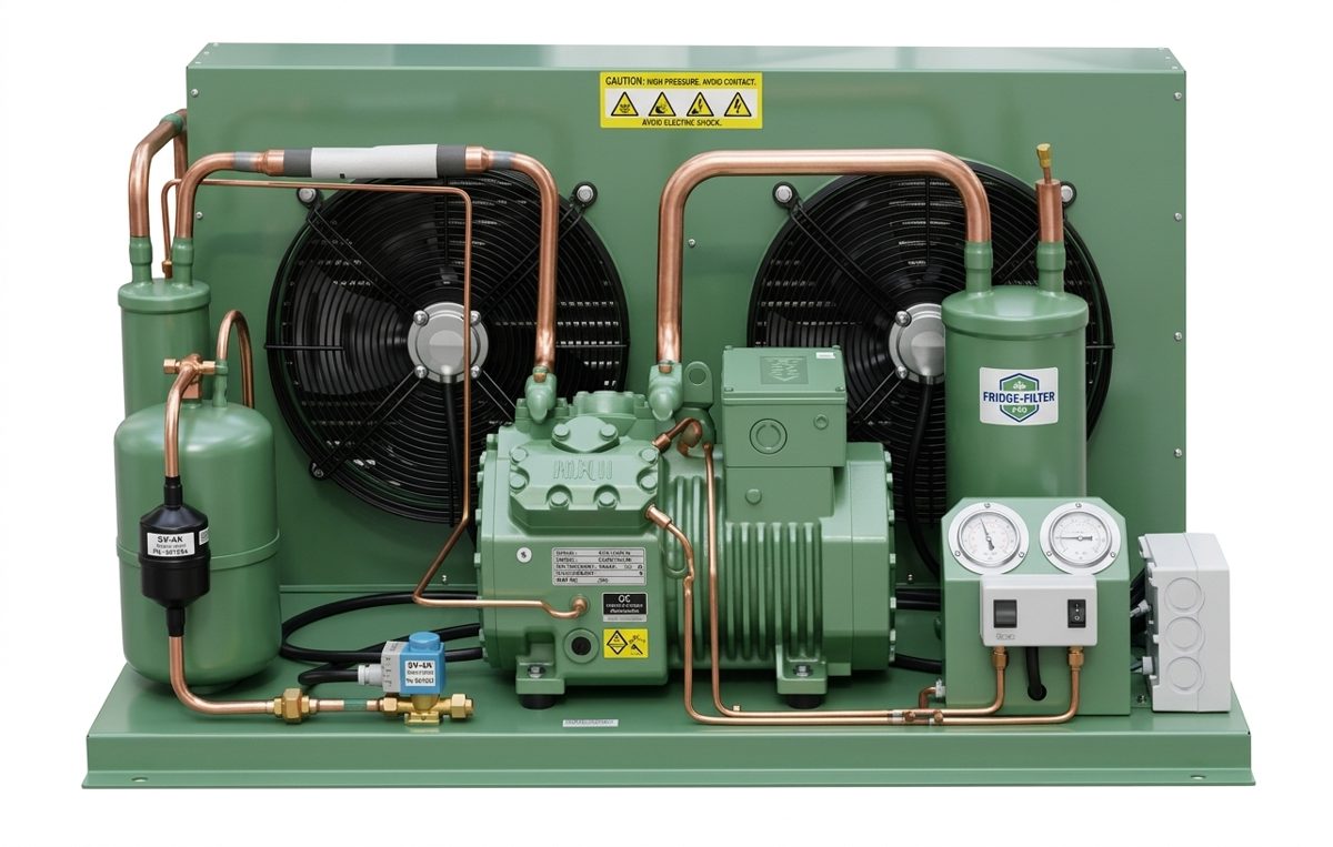 Refrigeration condensing unit with compressor, fans, copper piping and gauges