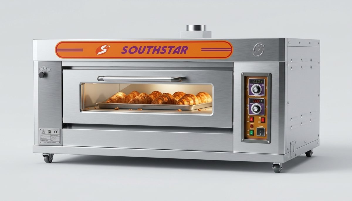 Stainless steel deck oven baking croissants