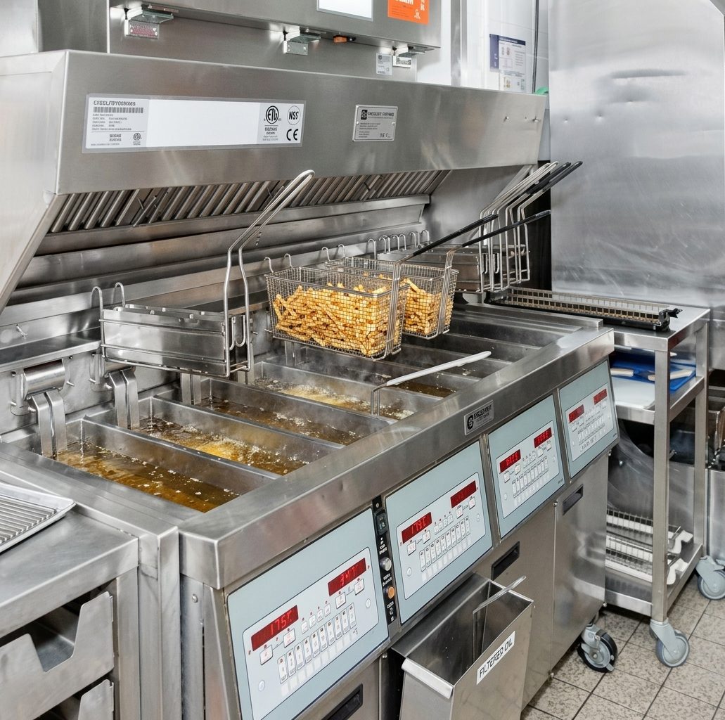 Commercial fryer station with baskets and extraction hood