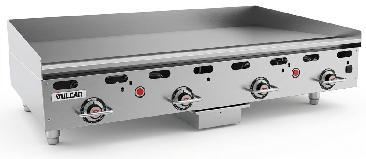 Stainless steel commercial gas griddle with four control knobs