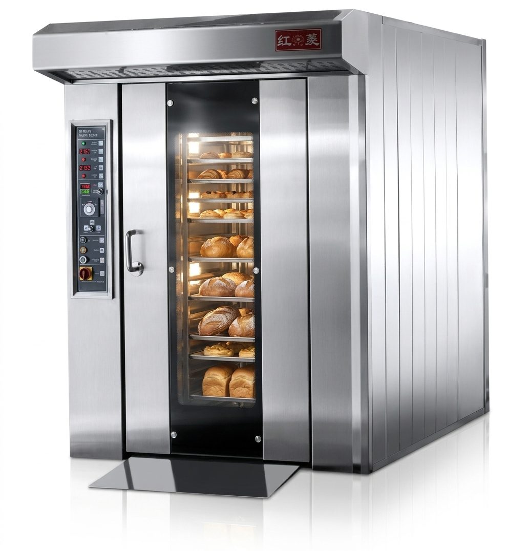 Stainless steel rotary oven loaded with bread
