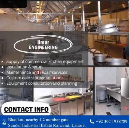 Umar Engineering services flyer showing commercial kitchen equipment